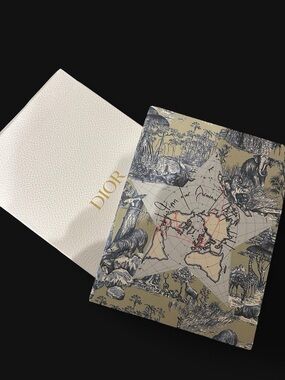 Dior Beige, Navy & Red Toile World Map Wall Panel